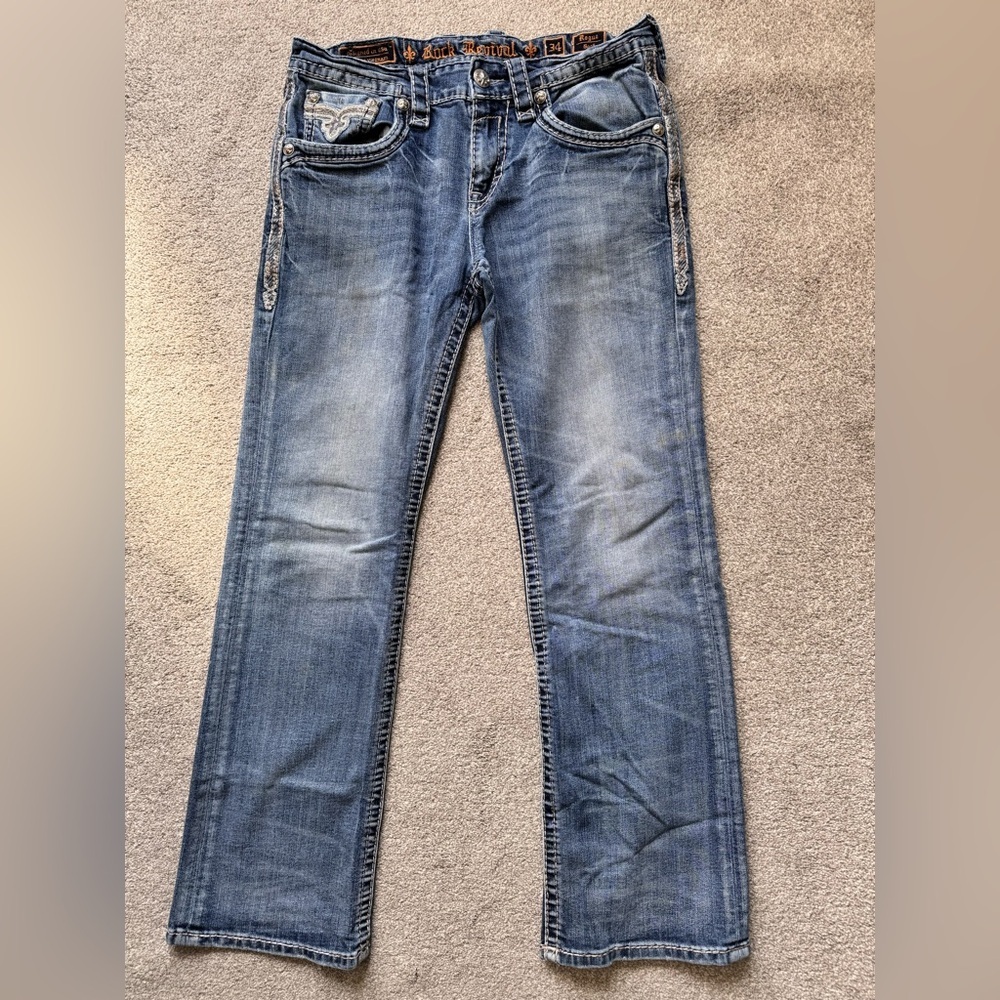 Mens VTG Rock Revival Y2K Rogue Bootcut Baggy Jeans Size 34x32